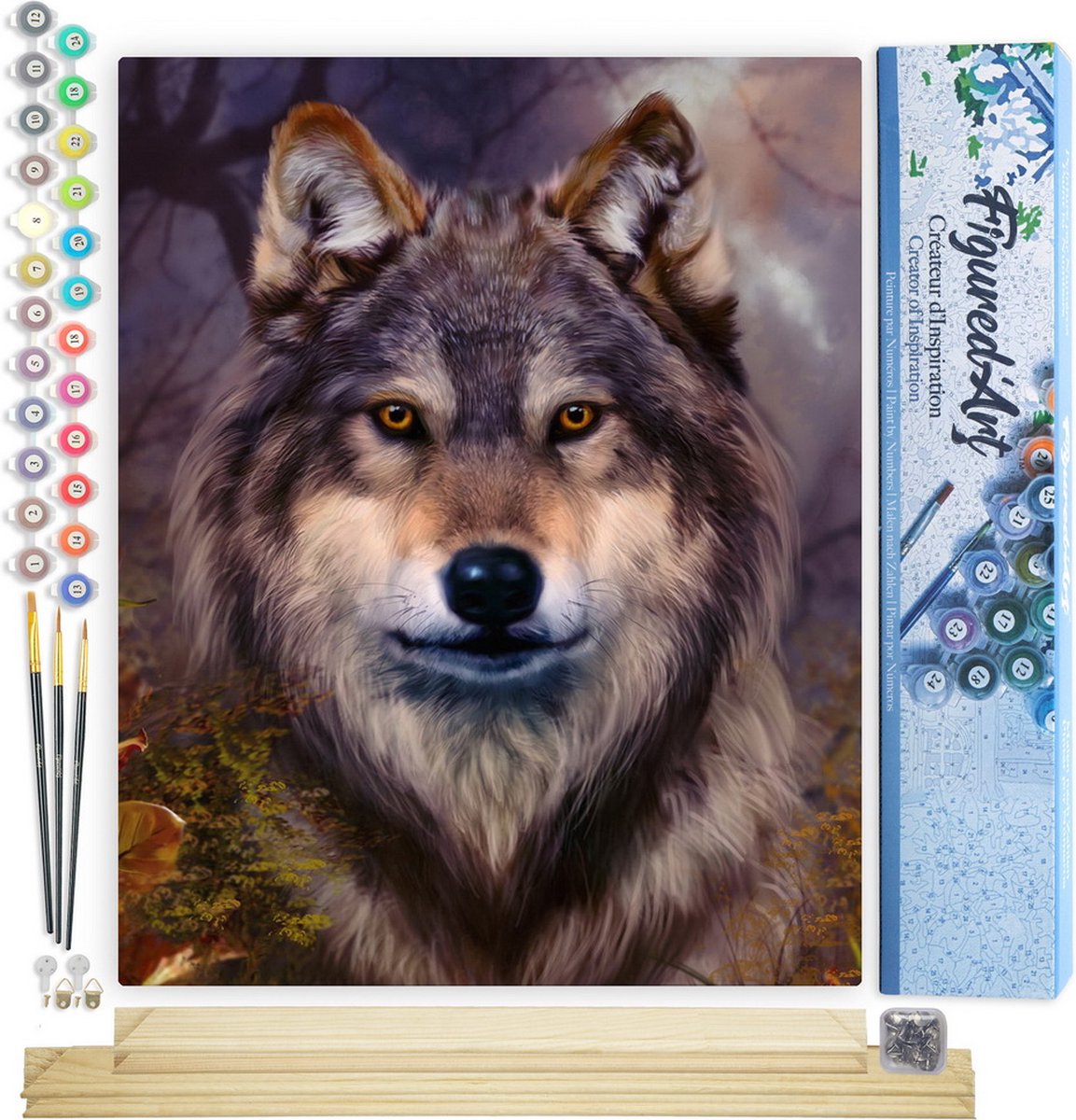 FiguredArt Schilderen op Nummer Volwassenen canvas Wolfshoofd - Handwerk acrylverf Kit DIY Compleet - 40x50cm met DIY houten lijst